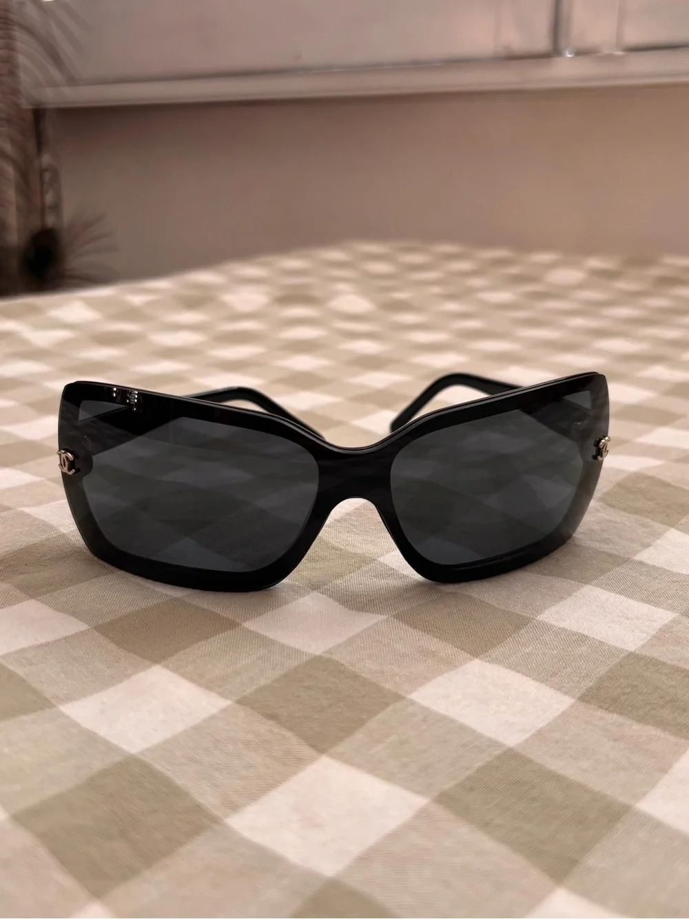 CHANEL Black Oversized Shield Sunglasses with Silver CC Accents 5065